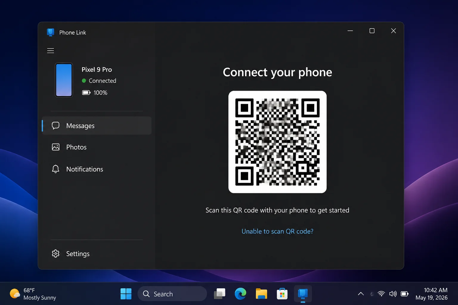 Phone Link app on Windows 11 showing QR code setup screen for connecting an Android phone