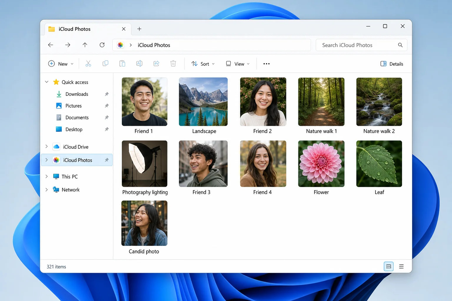 Windows 11 File Explorer sidebar showing iCloud Drive and iCloud Photos as accessible locations