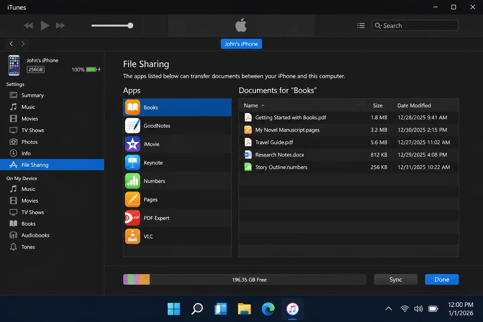 iTunes for Windows showing the File Sharing section with an iPhone connected and app file lists visible