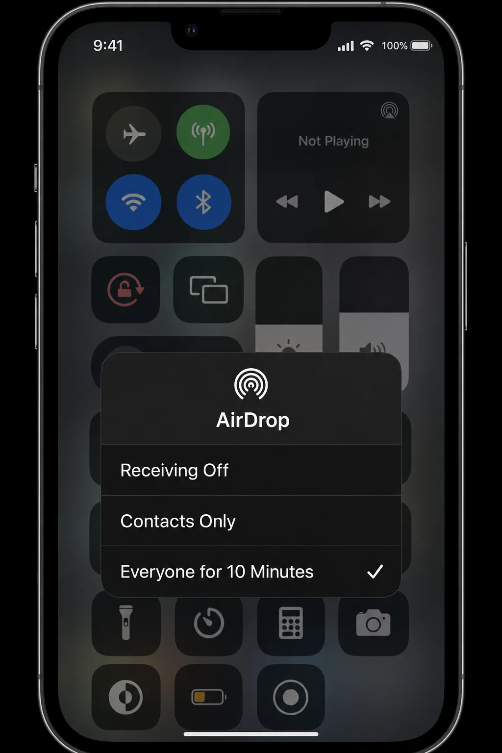 iPhone Control Center showing AirDrop options with Everyone for 10 Minutes selected