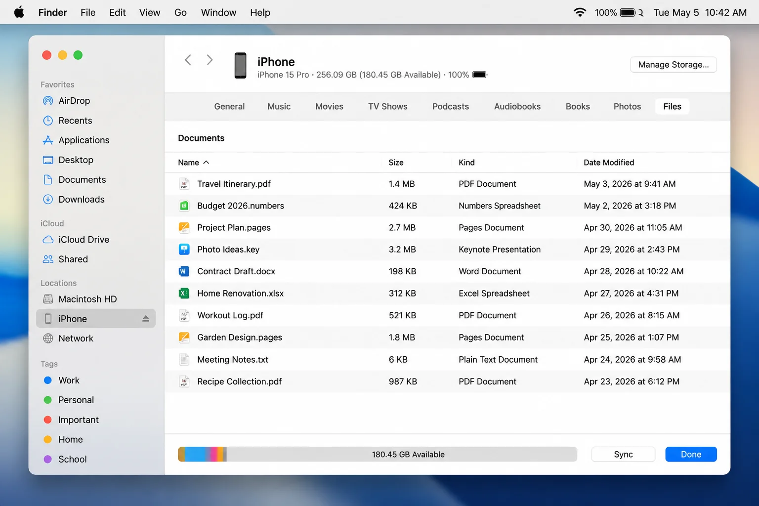macOS Finder showing an iPhone under Locations with the Files tab open and app document list visible