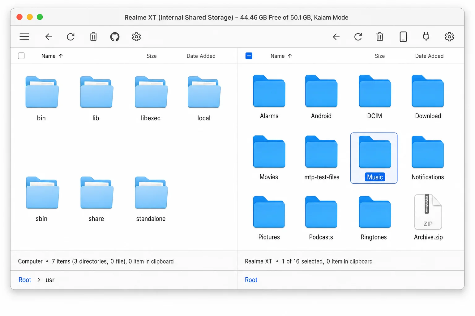OpenMTP app on macOS showing Mac files on the left panel and Android phone storage on the right panel with files ready to transfer