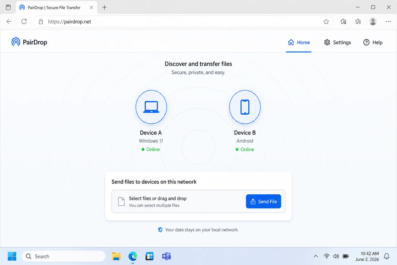 PairDrop website showing two devices discovered on the same network with a file transfer prompt visible
