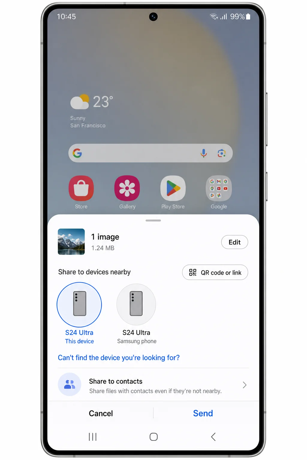 Android Quick Share interface showing two Android phones discovering each other for a file transfer
