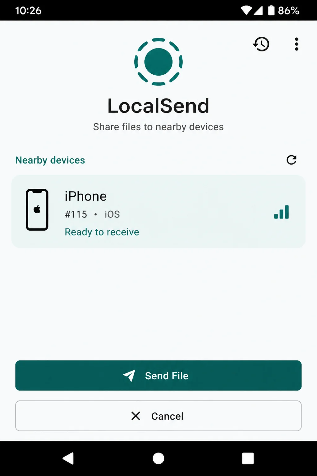 LocalSend app on Android showing an iPhone discovered as a nearby device ready to receive a file transfer