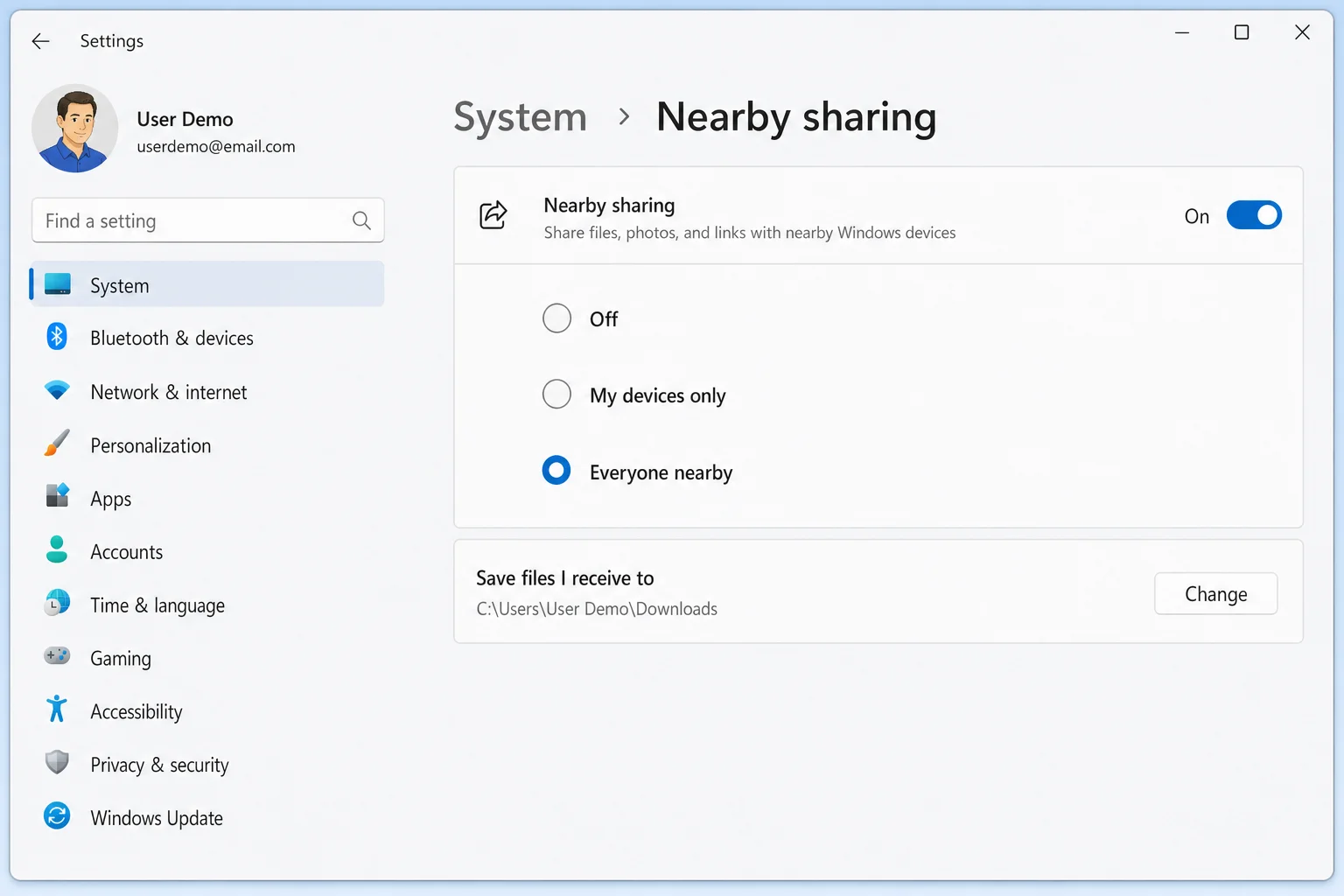 Windows 11 Settings > System > Nearby sharing with toggle turned On and Everyone nearby selected
