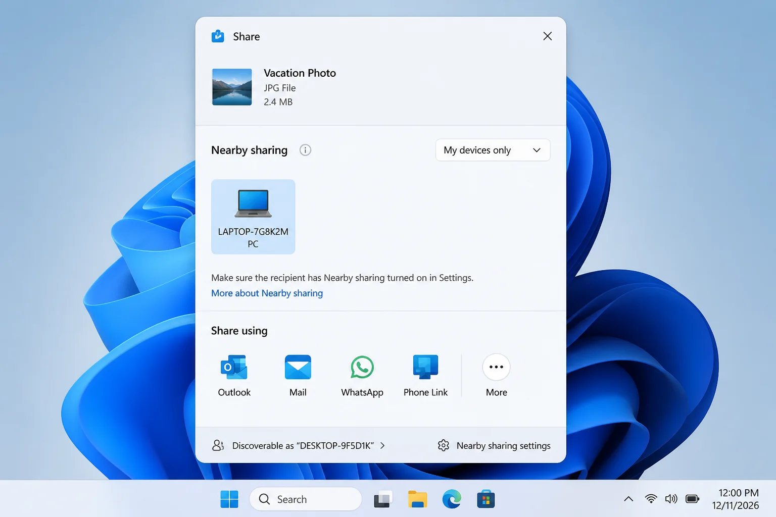 Windows 11 share dialog showing a nearby PC listed as a sharing target
