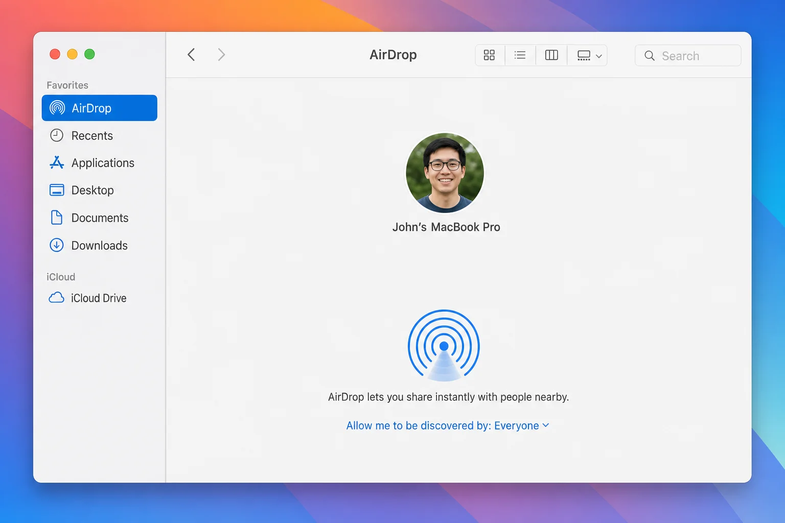 macOS Finder AirDrop window showing a nearby Mac as a sharing target with discovery set to Everyone
