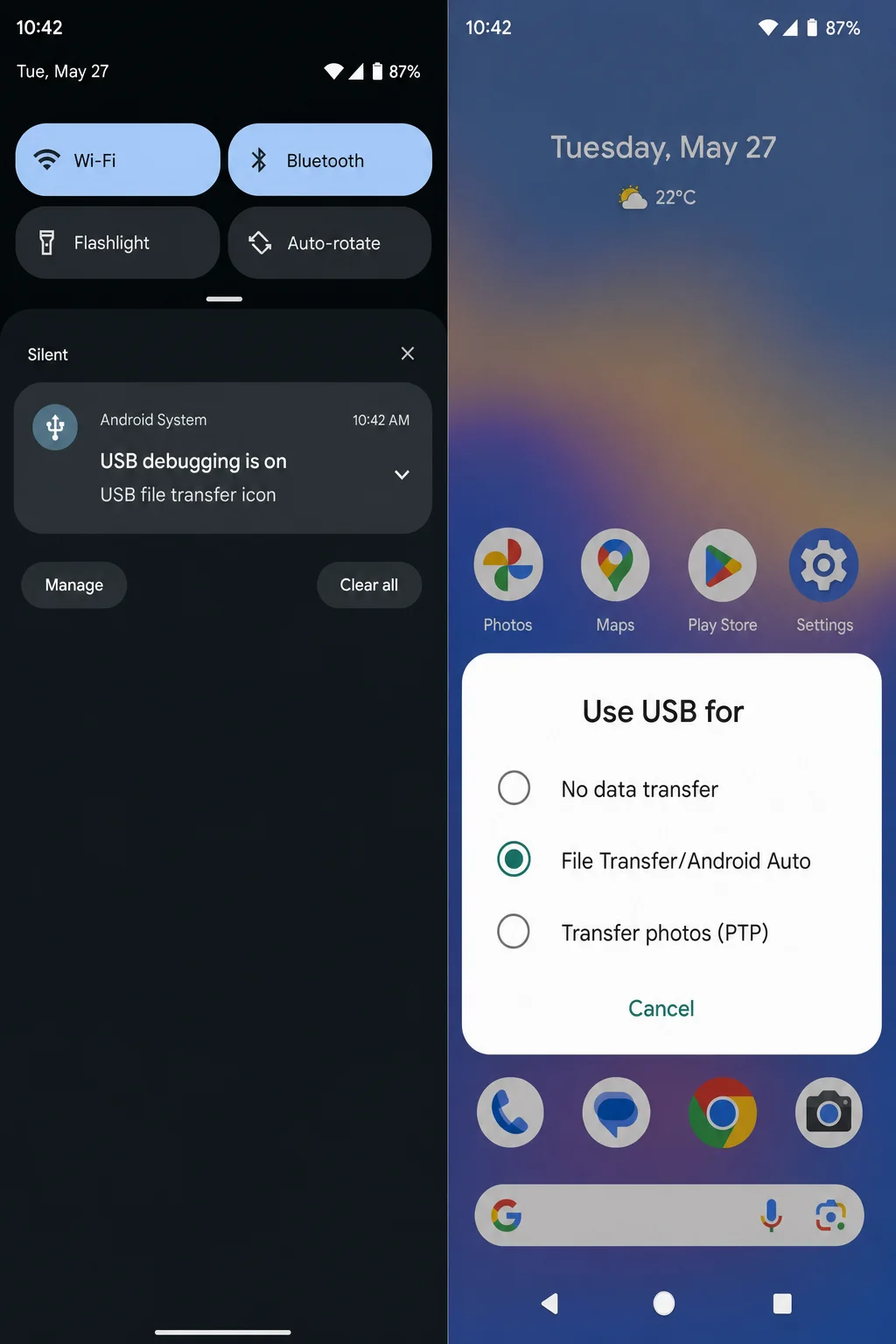 Android USB connection options notification with File transfer (MTP) selected