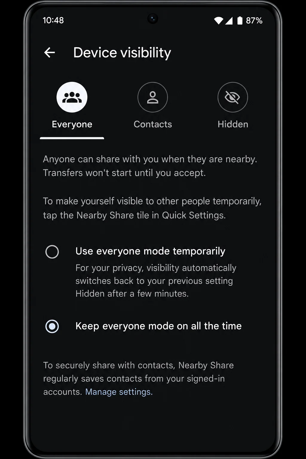 Android Settings showing Quick Share turned on with Everyone selected under Device visibility