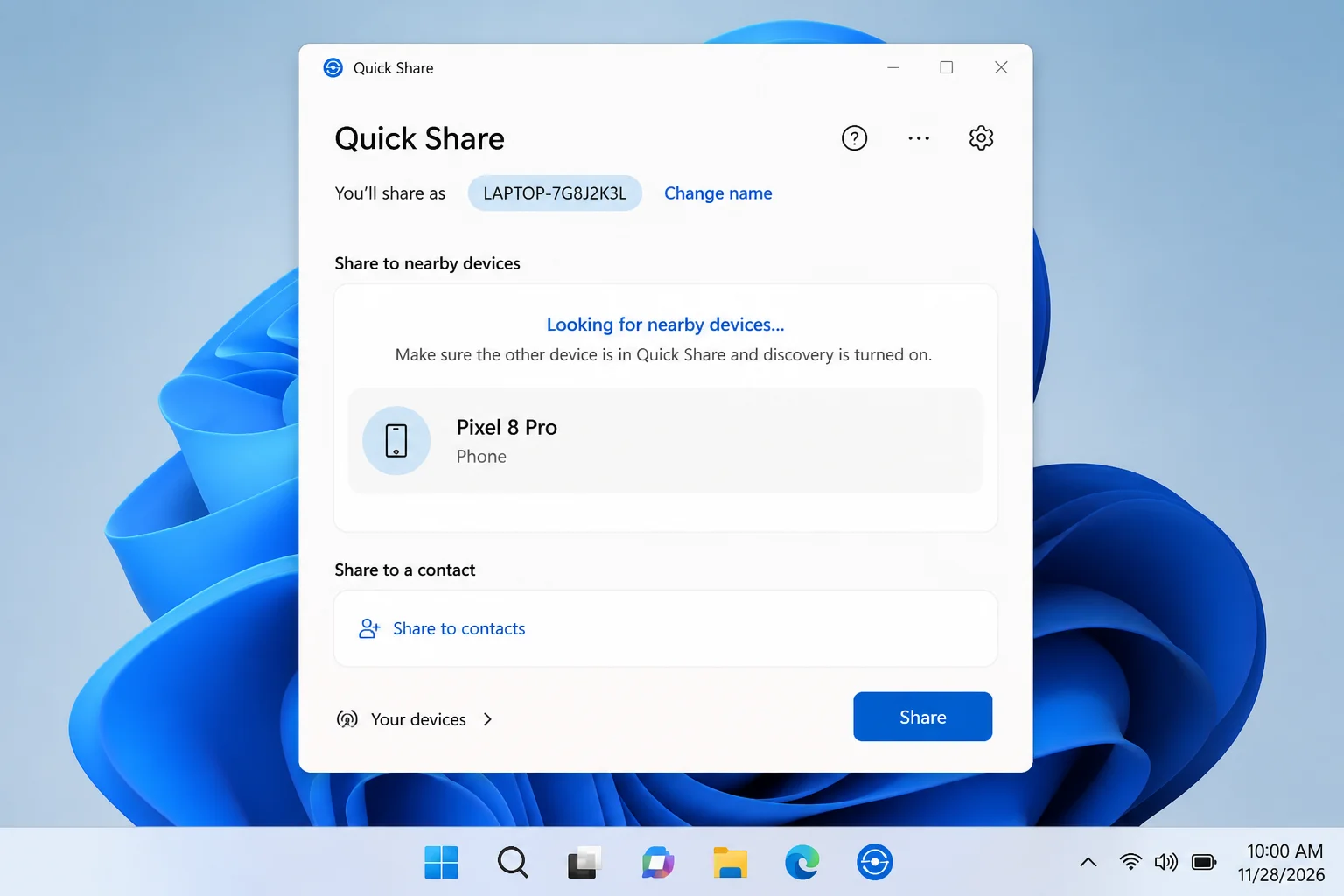 Quick Share for Windows app open with device discovery active and an Android phone visible in the device list