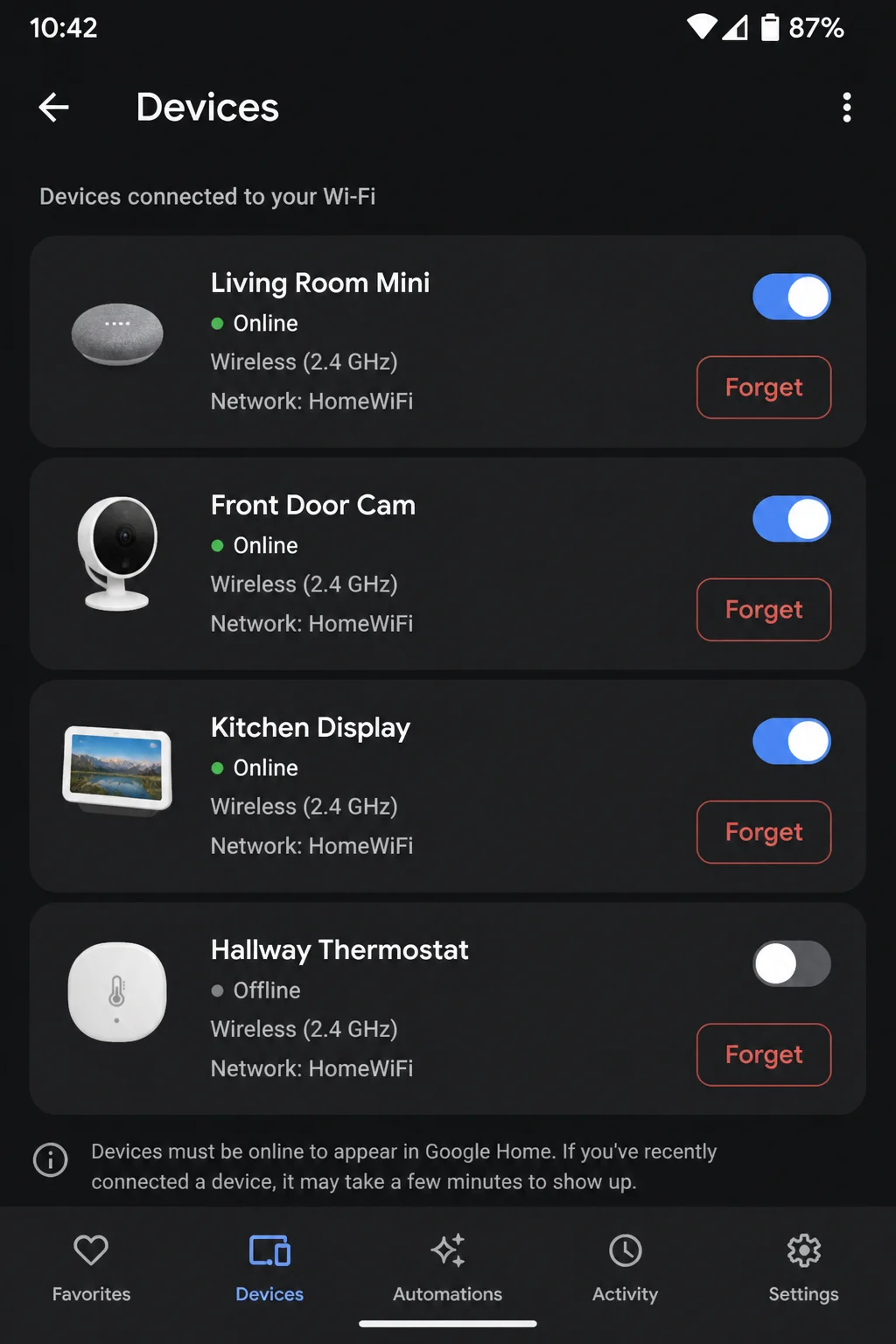Stable device settings page showing where Wi-Fi information appears, with household and device identifiers hidden