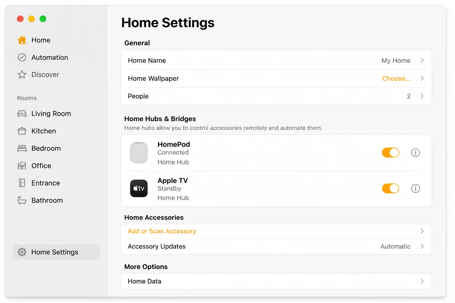 Home Settings showing the home-hub section, with household and device identifiers hidden