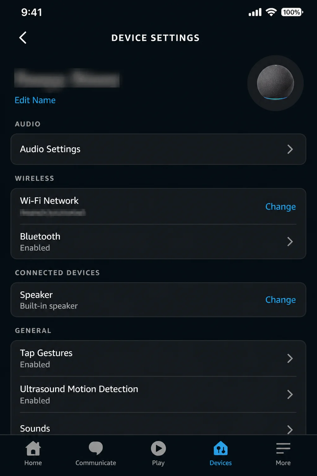 Device settings showing Wi-Fi Network and Change controls, with device and network names blurred