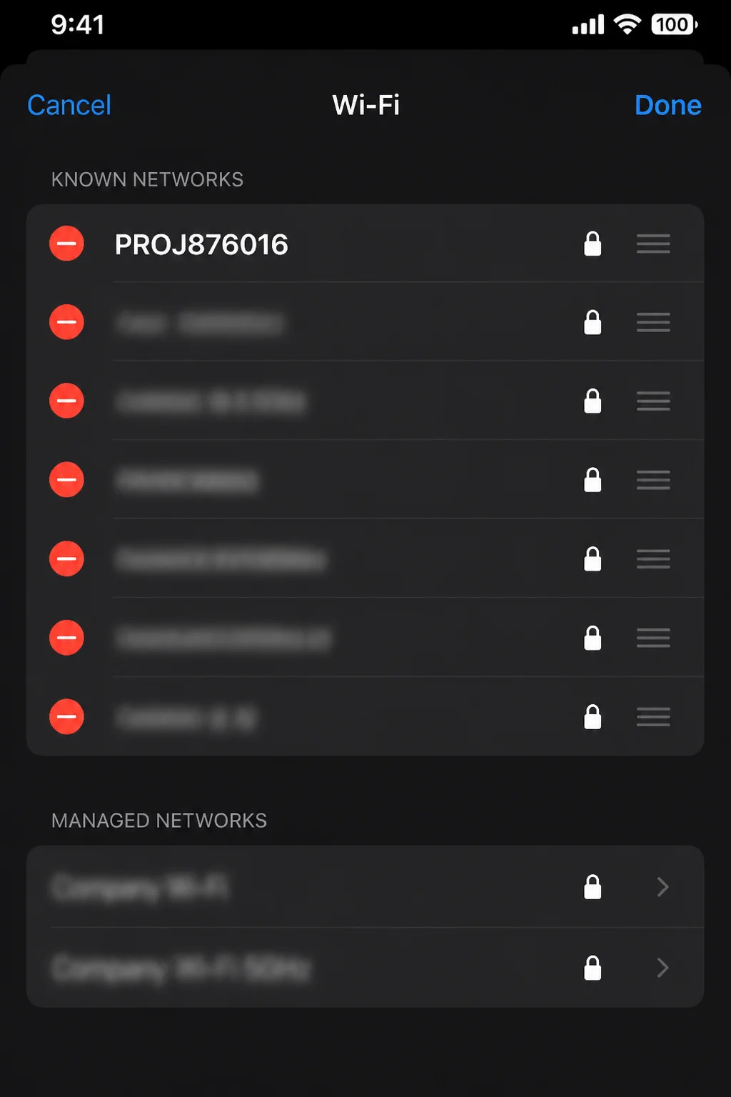 Wi-Fi settings showing the connected home network with all personal network names blurred
