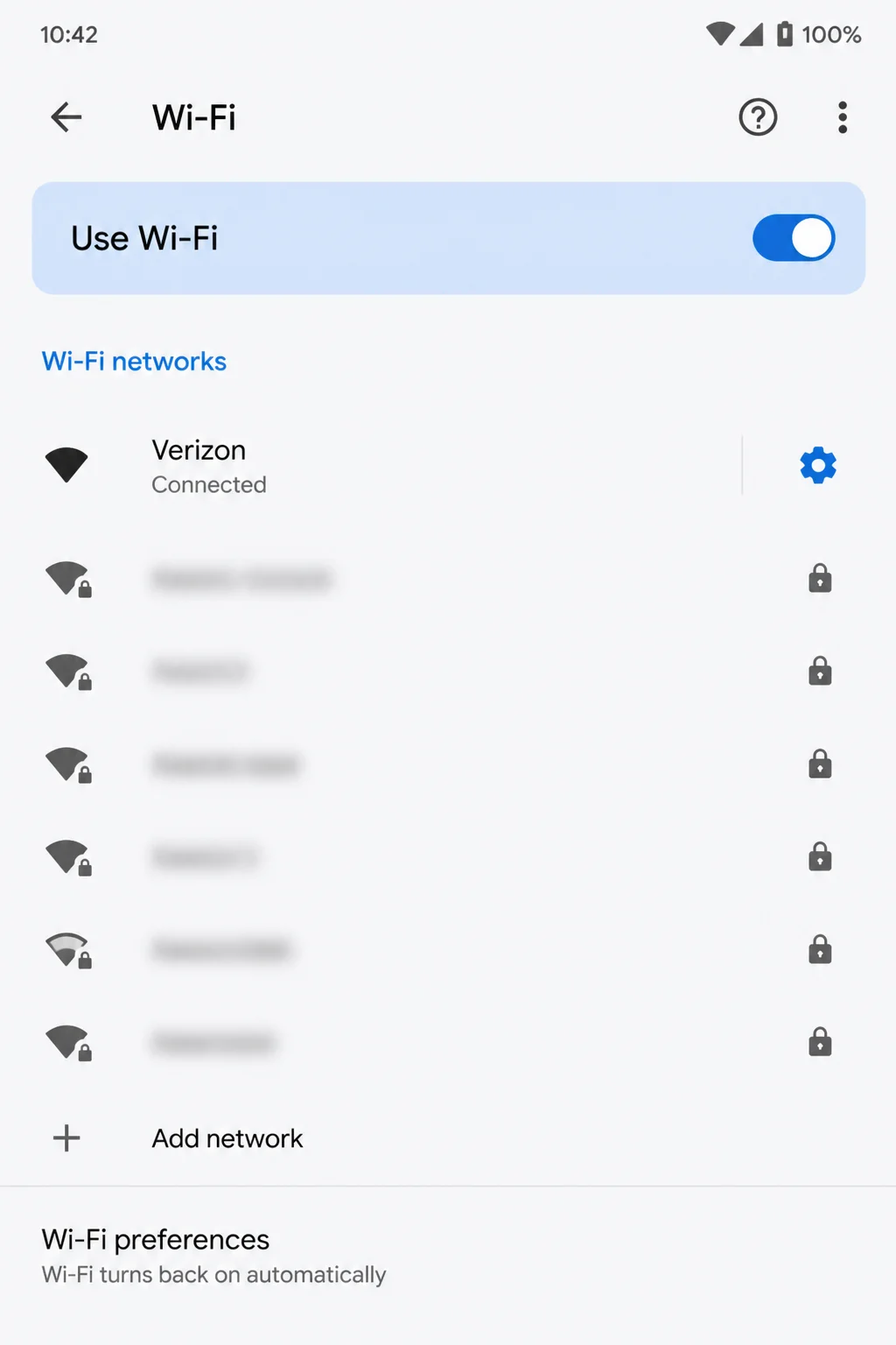 Internet or Wi-Fi settings showing the connected network and available networks with personal names blurred