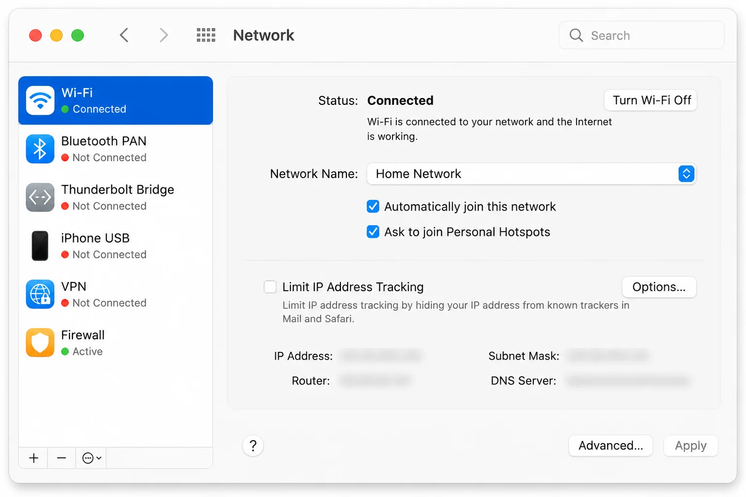 Wi-Fi settings showing the connected network and Details button with network names and addresses blurred