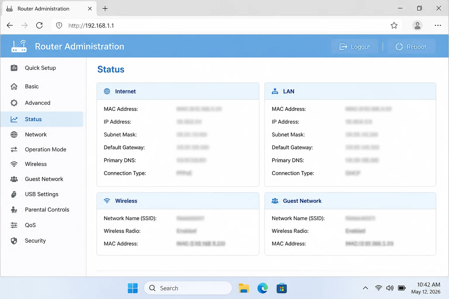 Administration page for the router model used during testing showing its actual 2.4 GHz and 5 GHz sections, with network names, addresses, and account details blurred
