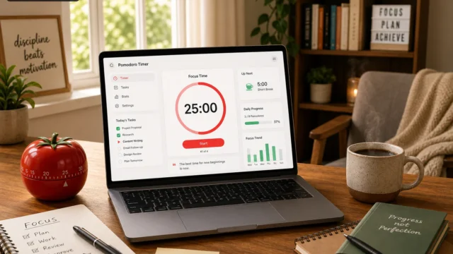 Laptop on a wooden desk showing a Pomodoro timer app (Focus Time 25:00) in a cozy home office. - the-3-best-online-pomodoro-applications-featured