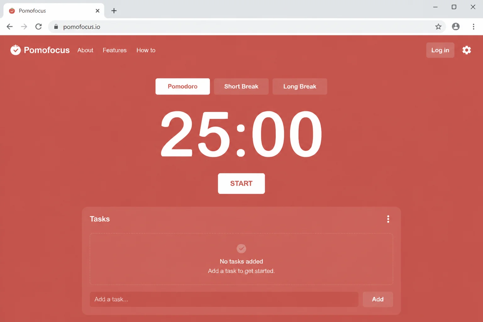 Pomofocus homepage with a large countdown timer showing 25:00, task list area below the timer, and simple Pomodoro/Short Break/Long Break mode buttons visible