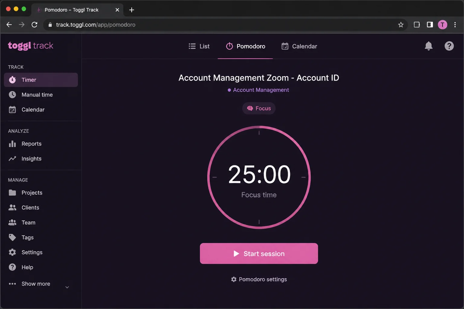 Toggl Track timer page with Pomodoro mode active, showing a running session tagged to a project with the countdown timer visible in the interface