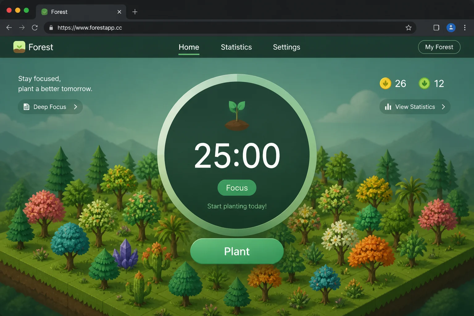 Forest web app showing a virtual tree growing during an active focus session, with the countdown timer visible and the user's accumulated forest displayed in the background
