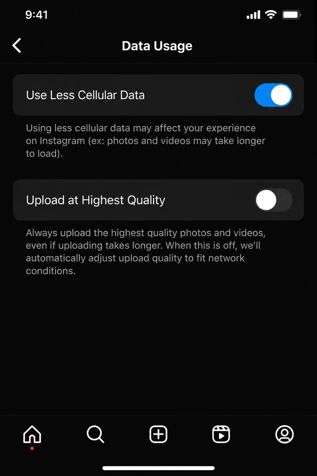 Instagram iOS app Data Usage settings screen showing the Upload at Highest Quality and Data Saver toggles