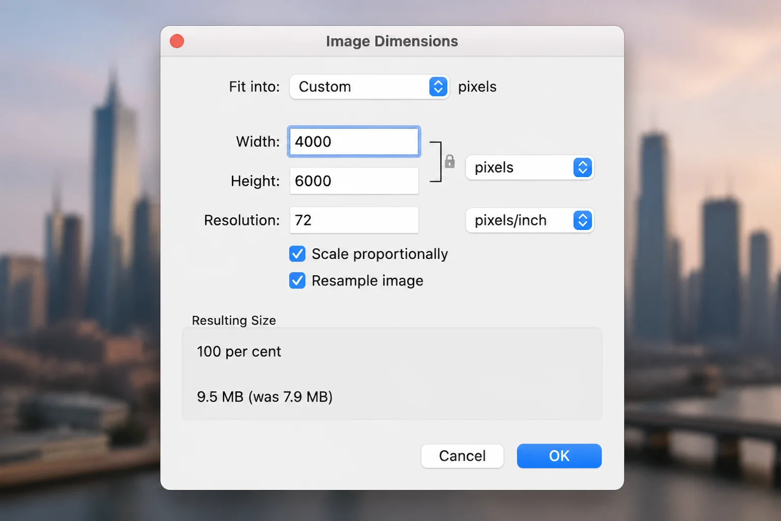 macOS Preview app Export dialog showing the image resolution/size fields set for resizing before Instagram upload