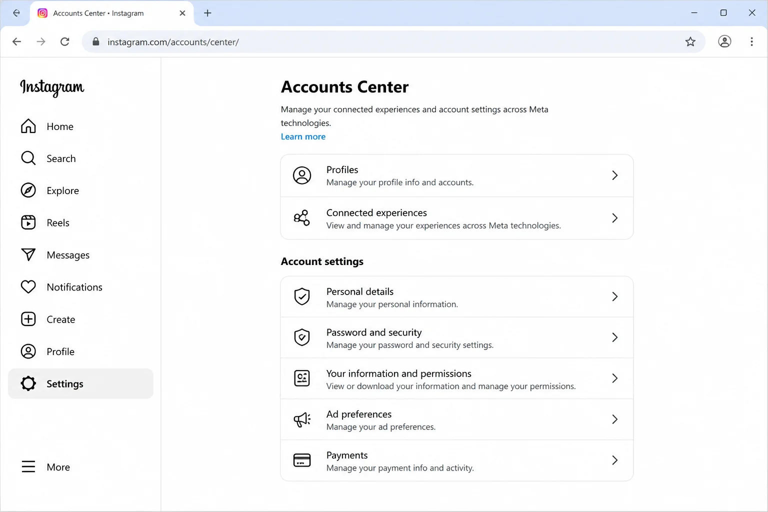 Instagram web account settings sidebar navigation for a signed-in user