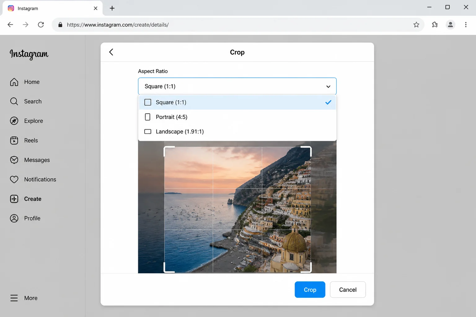Instagram web create-post dialog showing crop boundary overlay and aspect ratio selector options
