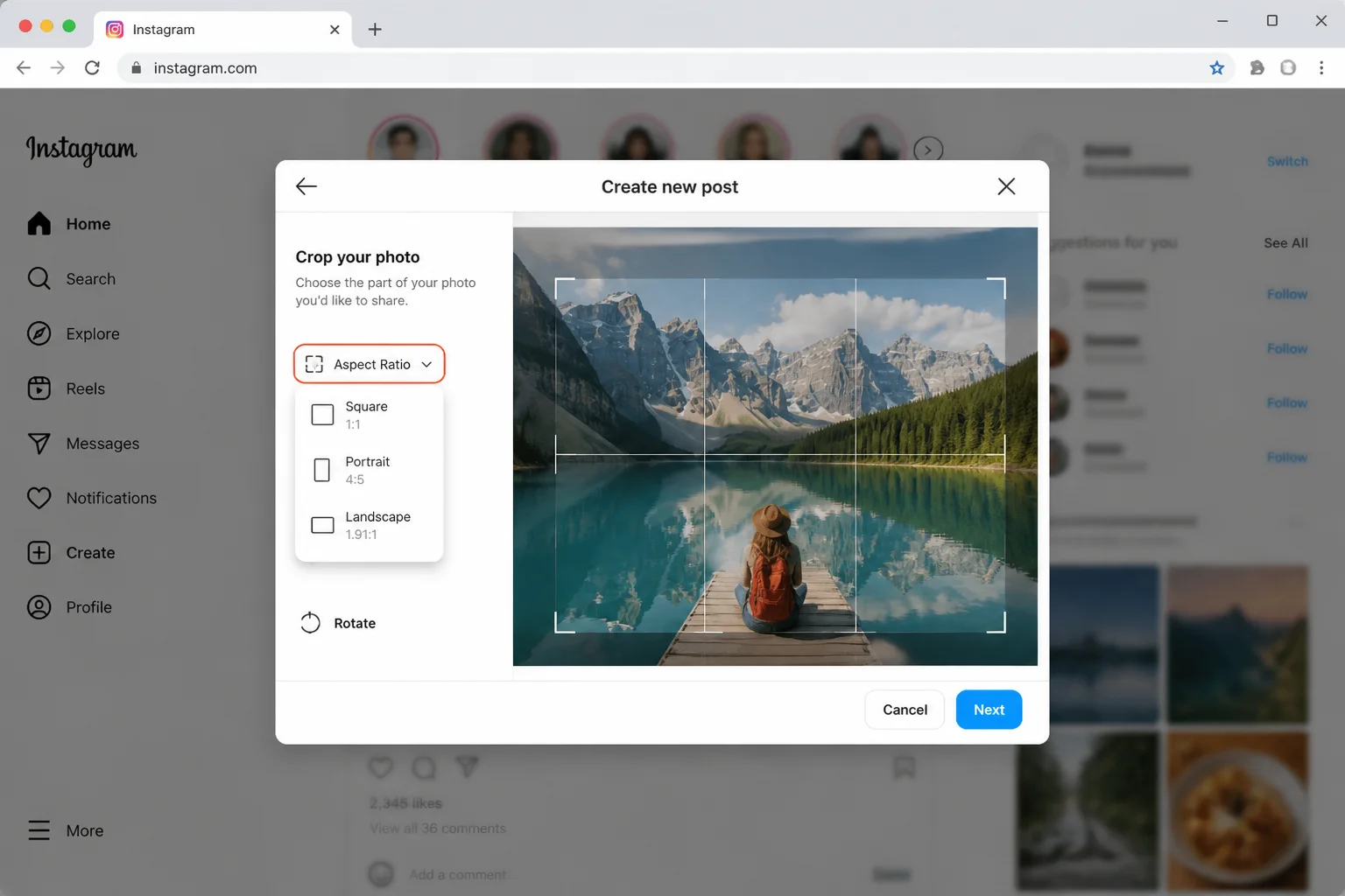 Instagram web create-post dialog showing the image crop tool with the aspect-ratio selector icon highlighted