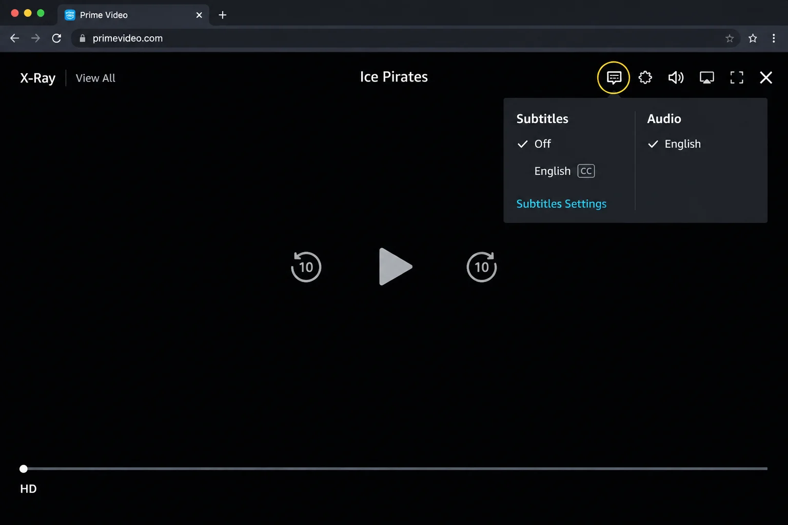 Prime Video web player during playback with the Subtitles and audio (speech bubble) menu open, highlighting the icon, the subtitle language list, and the Off option