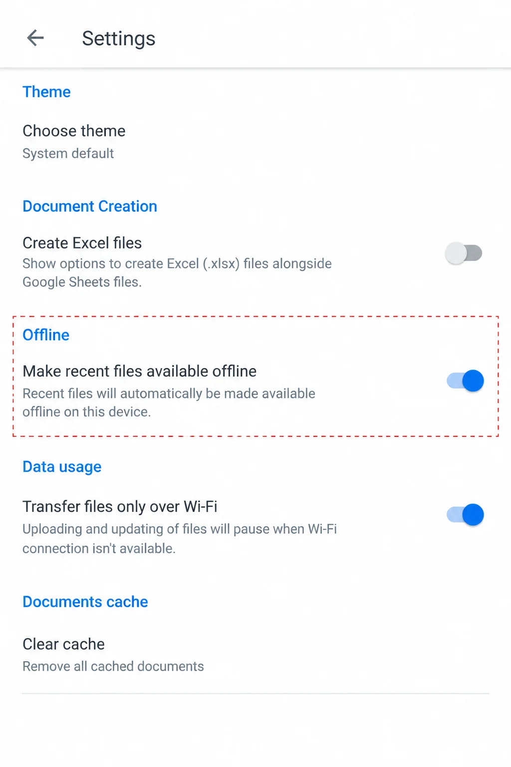 Google Sheets Android Settings showing Make recent files available offline