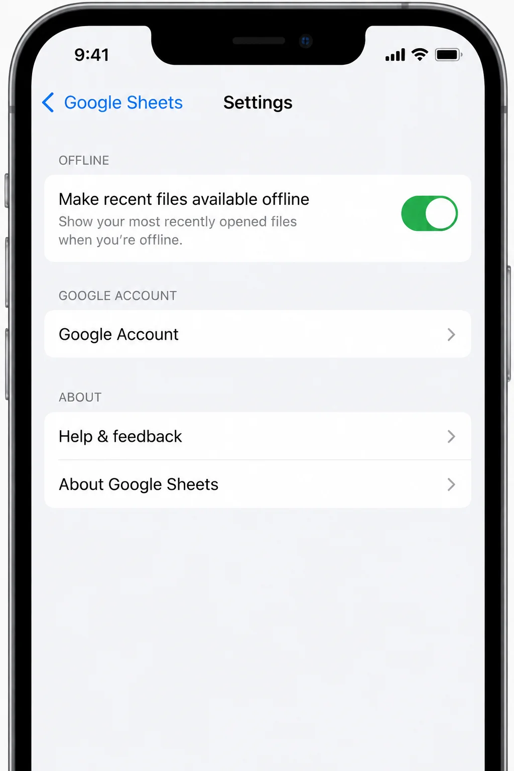 Google Sheets iPhone or iPad Settings showing Make recent files available offline