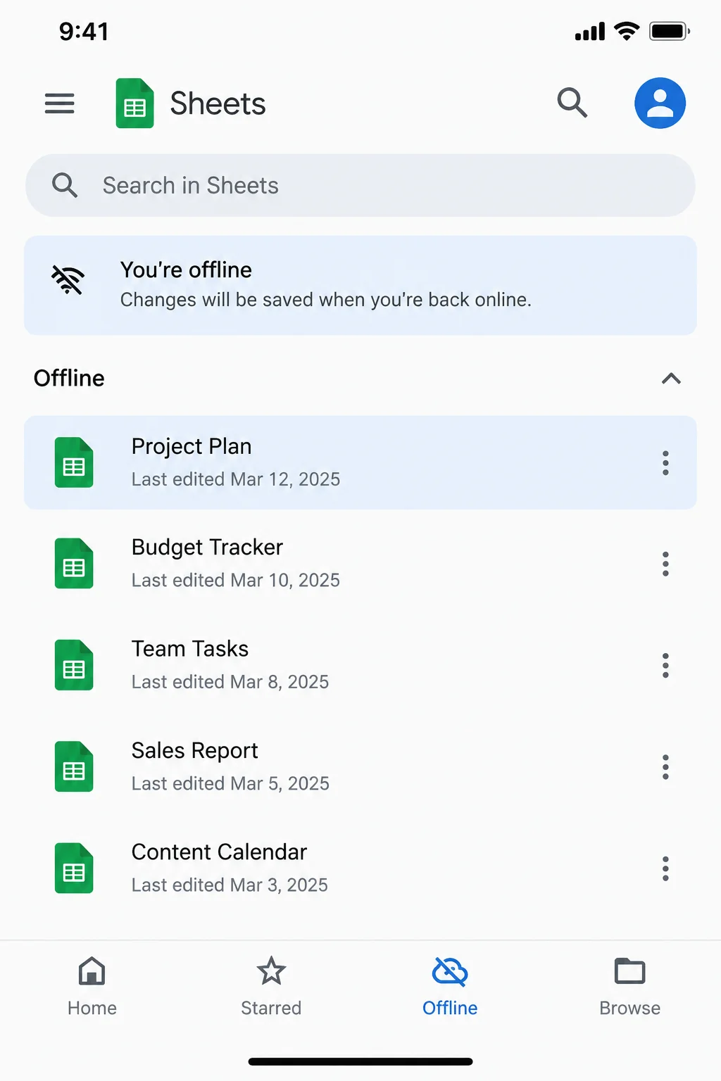 Google Sheets iPhone or iPad Offline list showing the prepared test spreadsheet