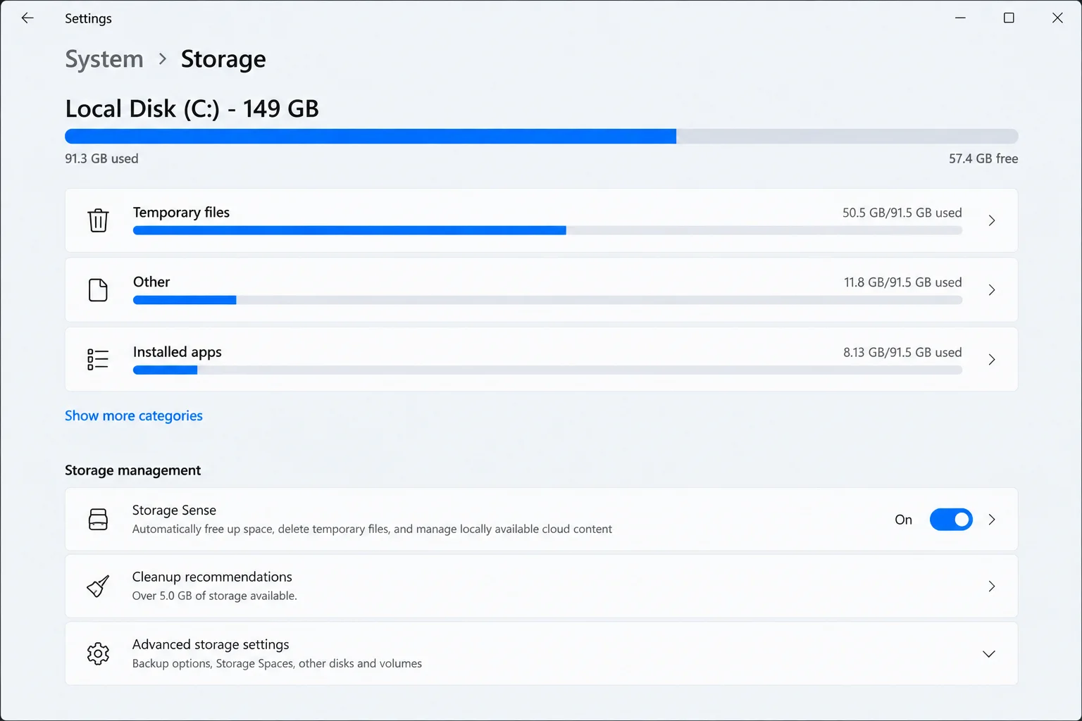 Windows Settings System Storage page showing available space on the system drive