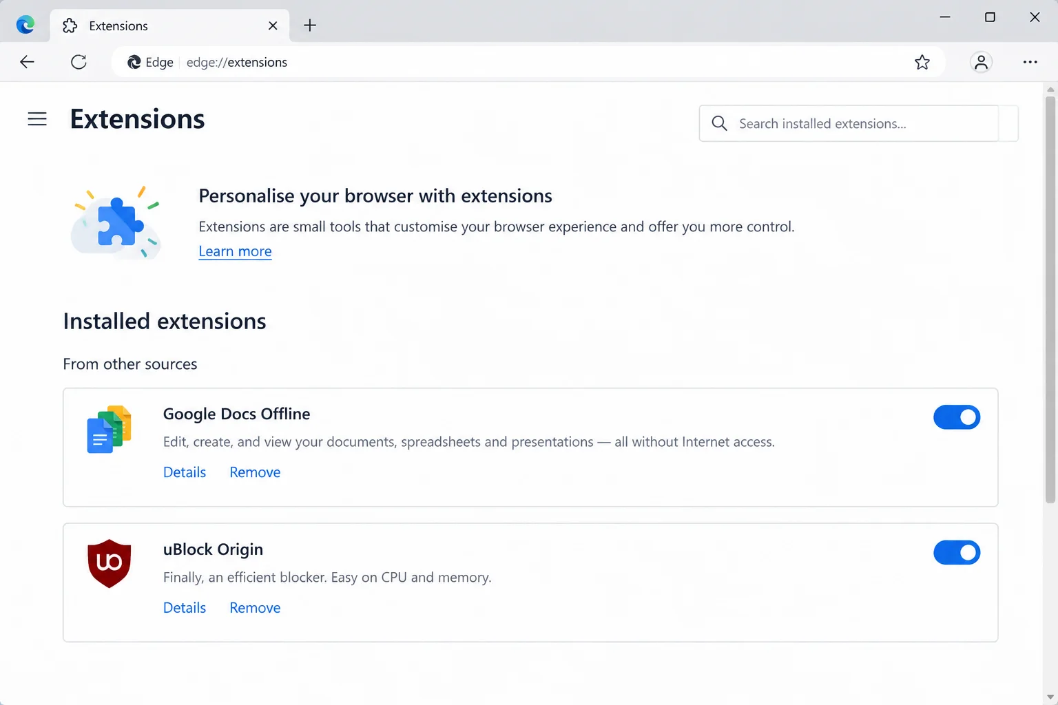 Chrome or Edge extension-management page showing Google Docs Offline enabled