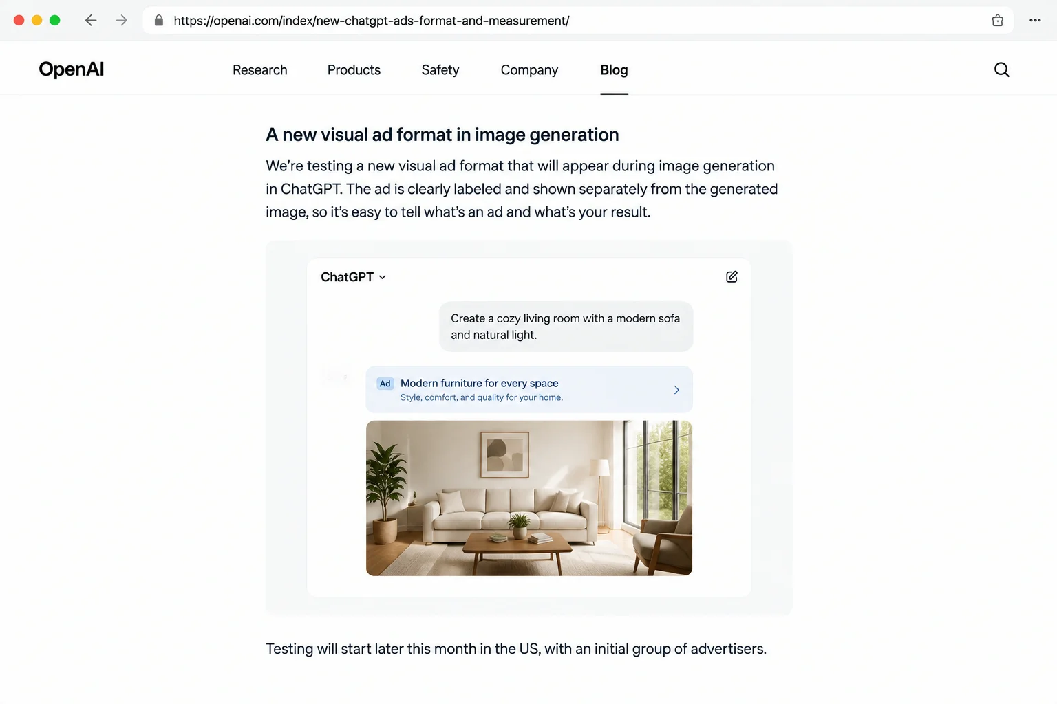 OpenAI announcement page "Building advertising for the way people use AI" describing a new, clearly labeled visual ad format shown separately from images generated in ChatGPT.