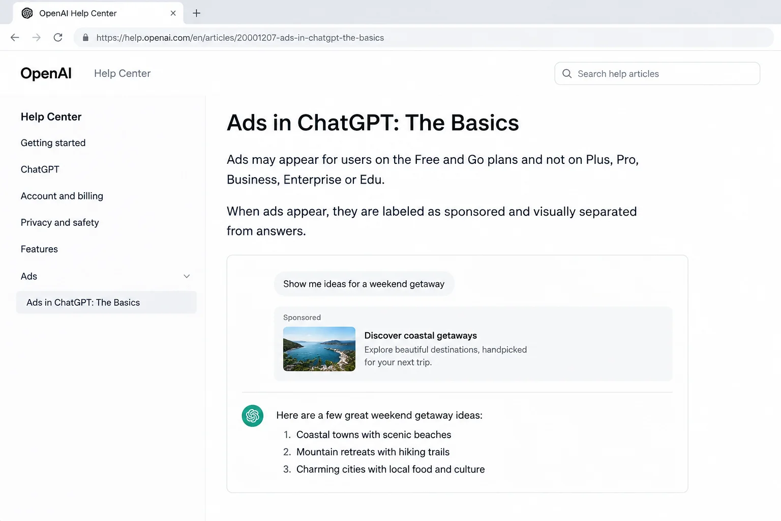 OpenAI Help Center article "Ads in ChatGPT: The Basics" explaining that ads appear on Free and Go plans and are labeled as sponsored, separate from answers.