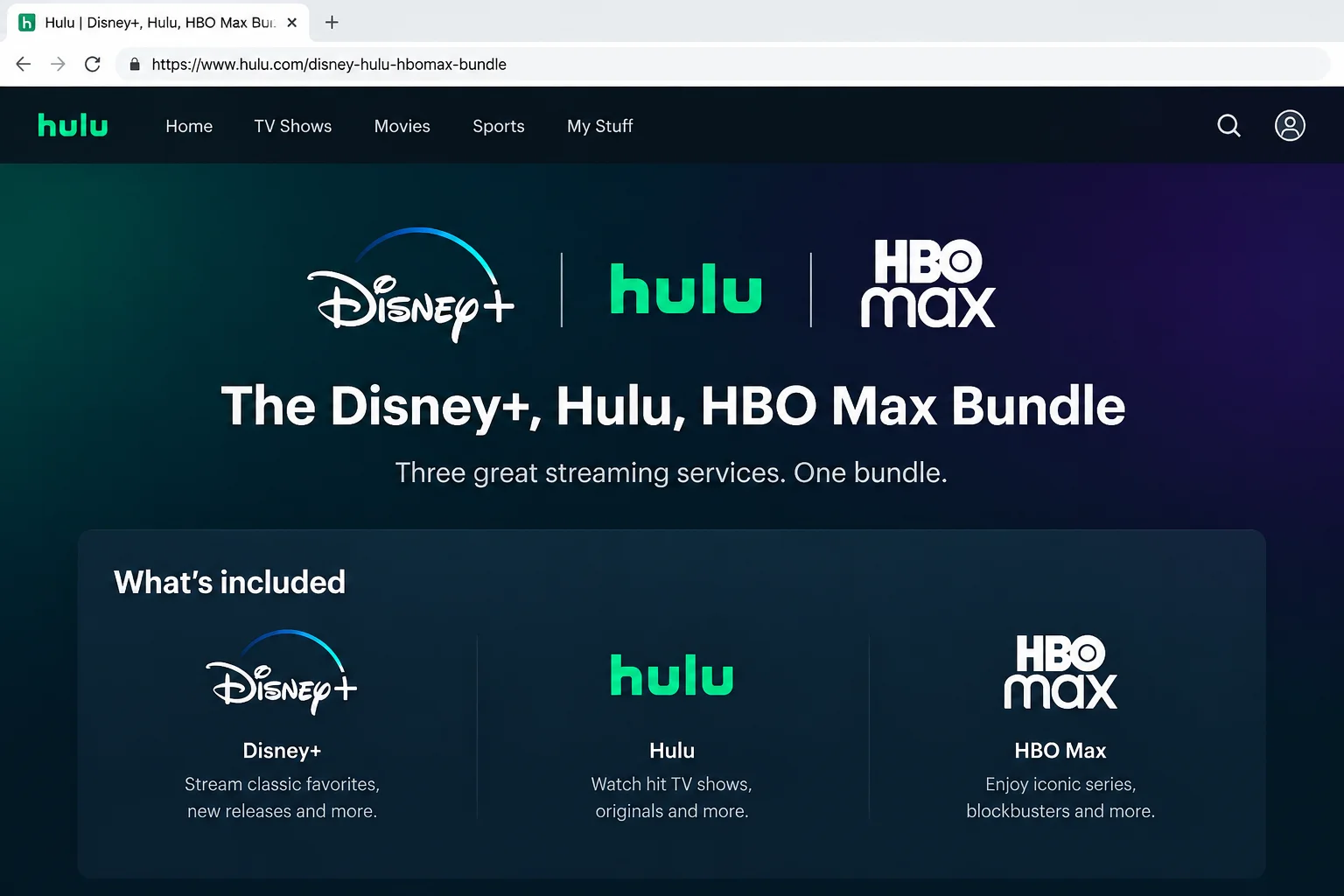 Public Hulu bundle page showing the Disney+, Hulu, HBO Max Bundle name and included services highlighted