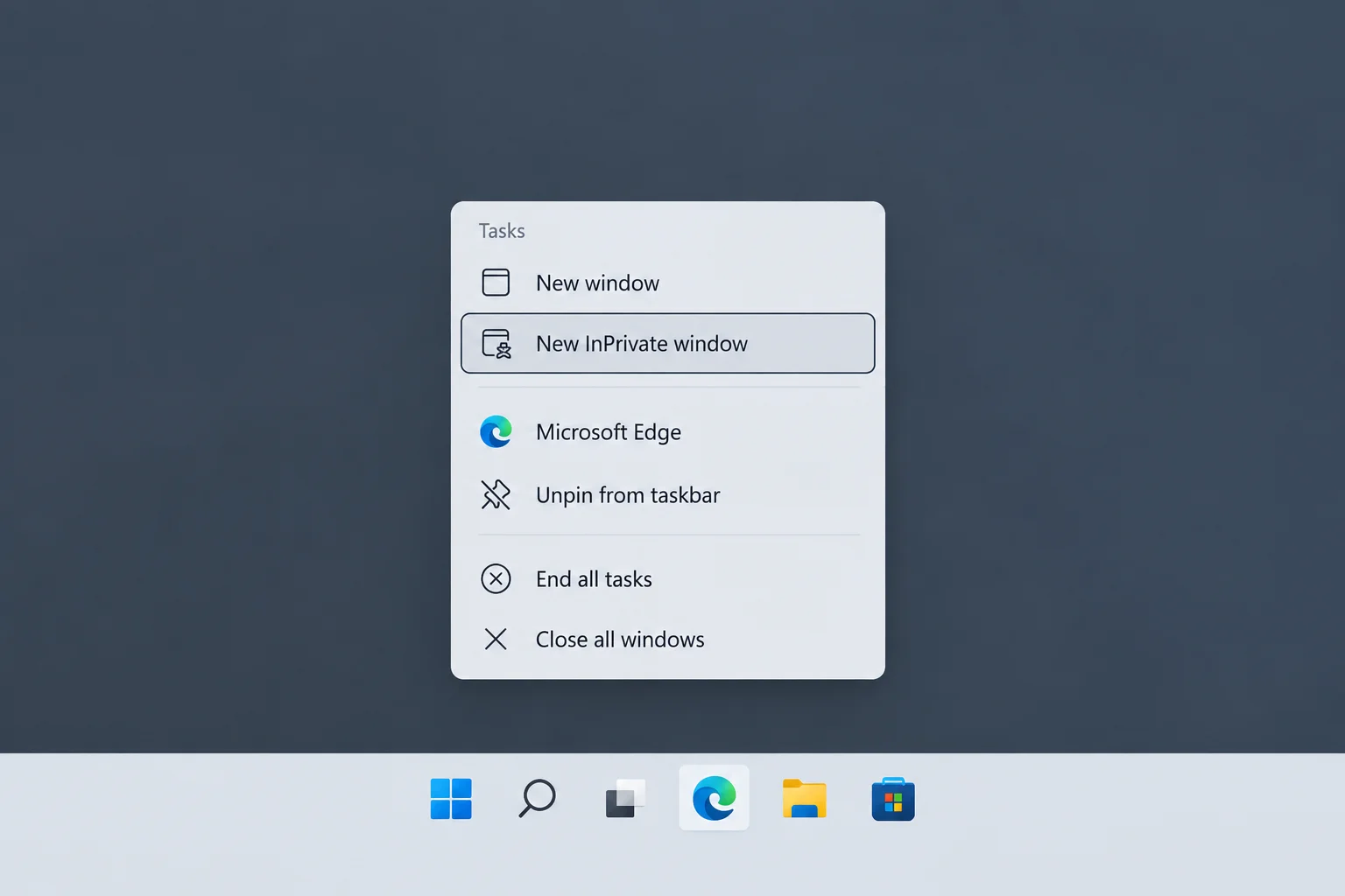 Windows 11 taskbar with the Microsoft Edge right-click menu open and New InPrivate window highlighted