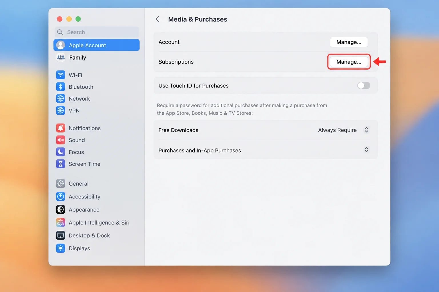 macOS System Settings showing the Apple Account pane with Media & Purchases open and the Subscriptions Manage button highlighted