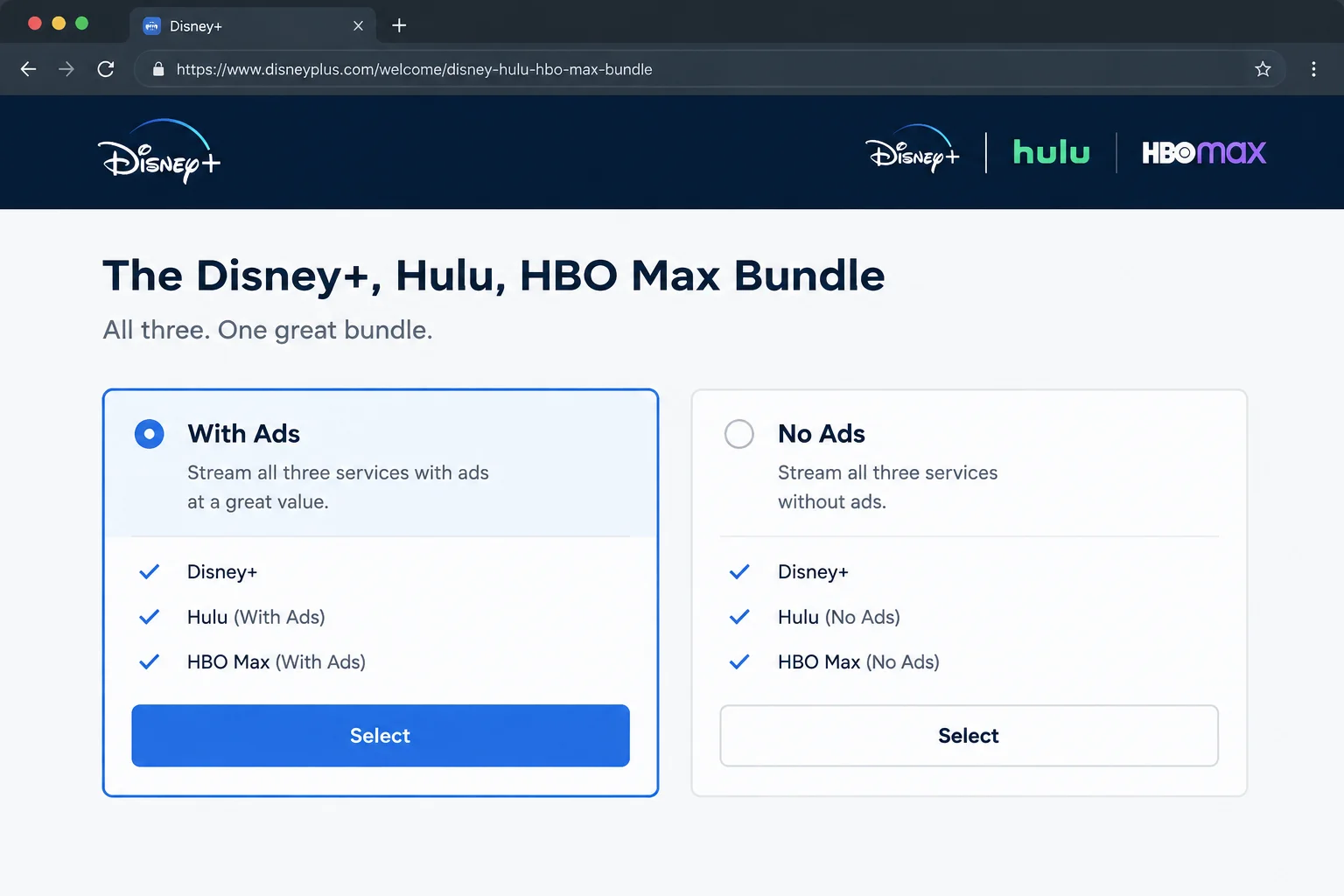 Public Disney+ bundle page showing the Disney+, Hulu, HBO Max Bundle with the With Ads and No Ads plan tiers highlighted