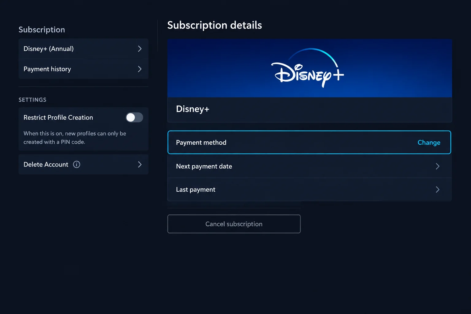 Disney+ account settings page with the Subscription section and billing method highlighted