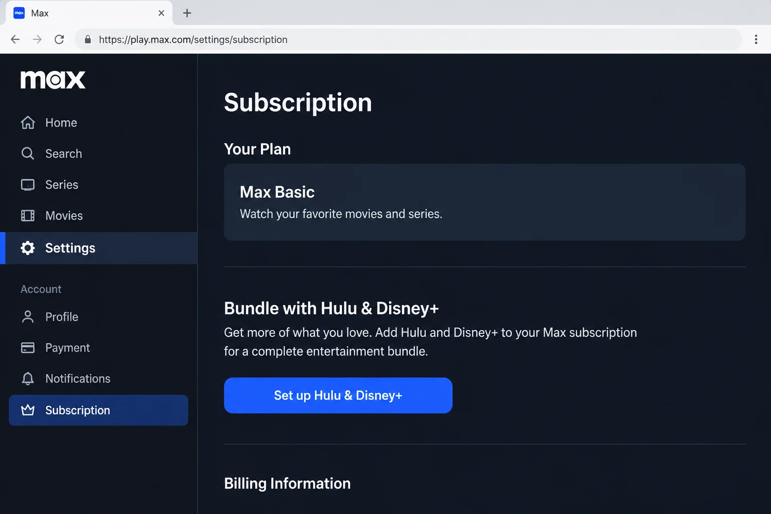 Signed-in HBO Max Subscription settings page with the Subscription menu item and the Set up Hulu & Disney+ button highlighted