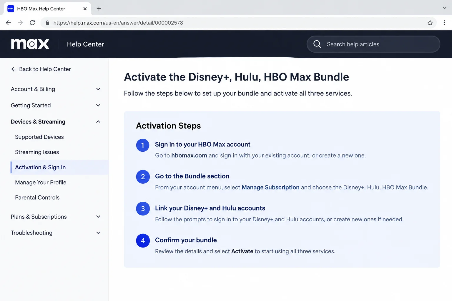 Official HBO Max help center article on setting up the Disney+, Hulu, HBO Max Bundle with the activation steps list highlighted