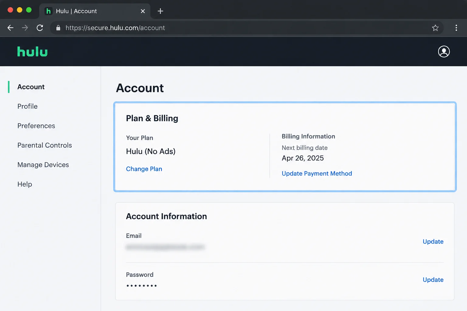 Hulu account page with the plan name and billing information section highlighted