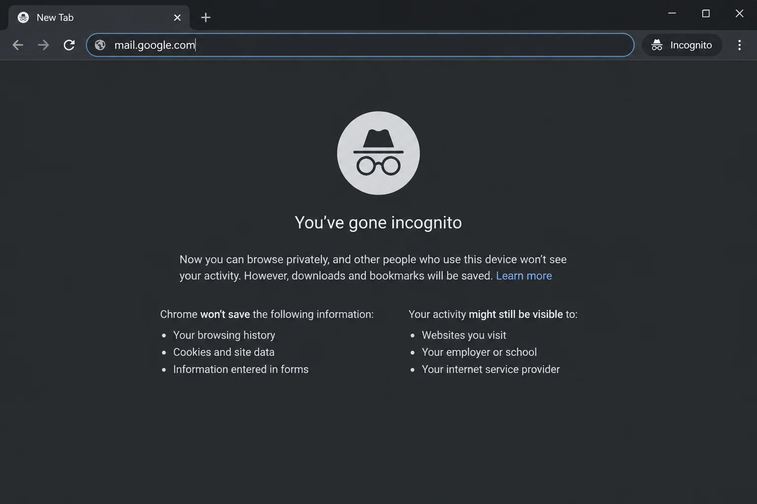 Chrome Incognito window with its recognizable Incognito indicator and address bar visible