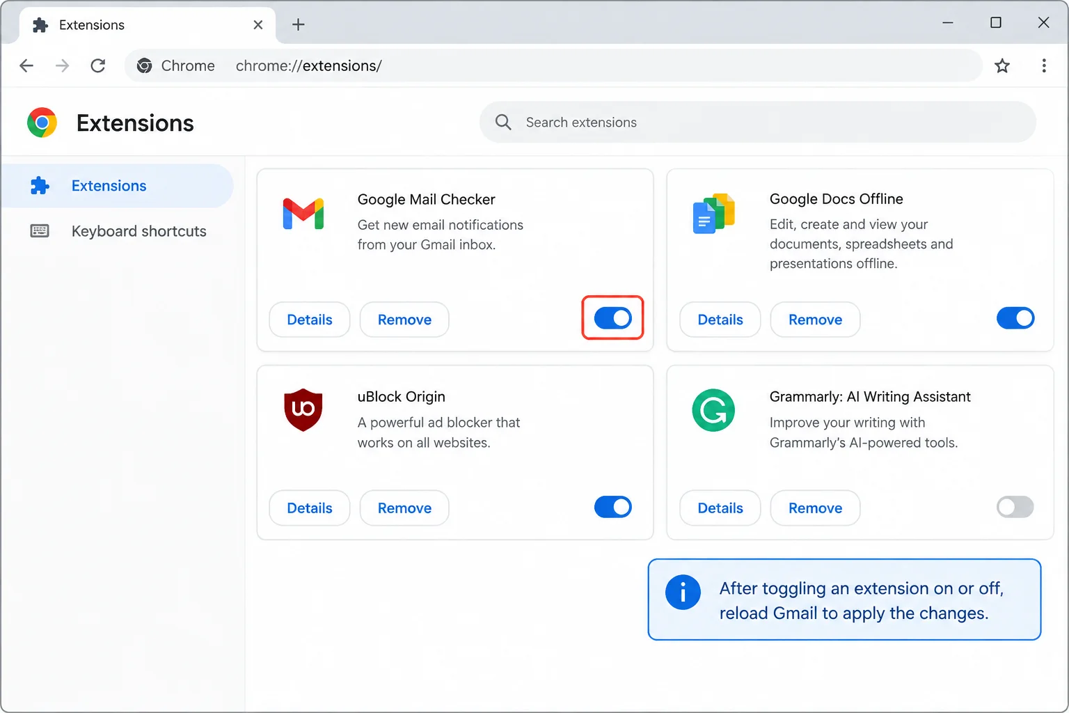 Chrome extensions page with extension cards and an on/off toggle highlighted