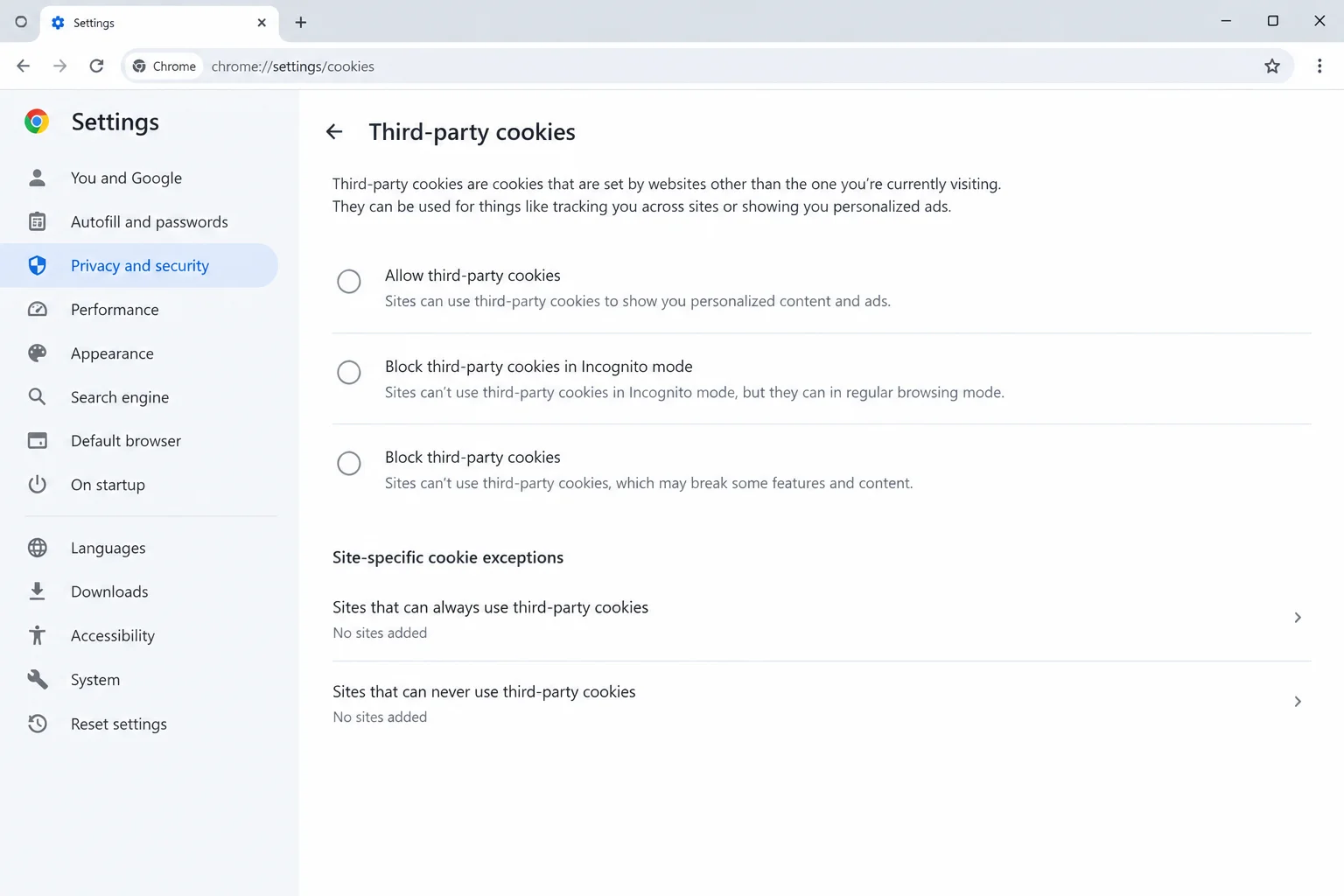 Chrome Third-party cookies settings section with its heading and available controls visible